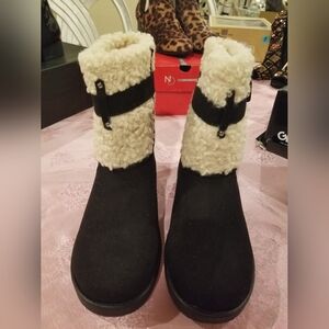 Black and Light Cream Faux Fur and Suede Boots